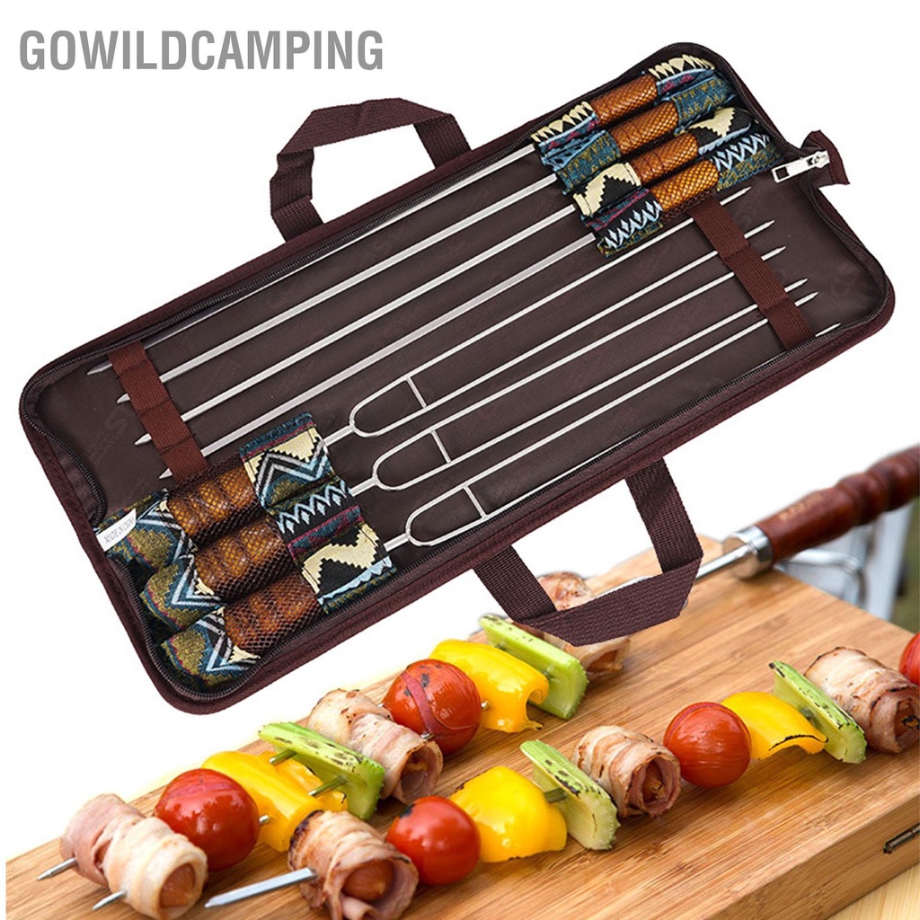 GoWildCamping Bộ xiên nướng bằng thép không gỉ 7 chiếc có tay cầm gỗ hình chữ U Thịt cho cắm trại cmman