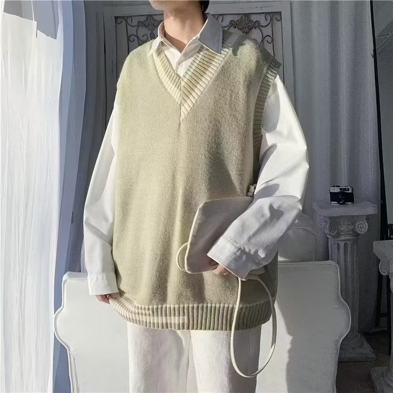 Áo sweater Dệt Kim Không Tay Cổ Chữ v Dáng Rộng Thời Trang Cho Nam