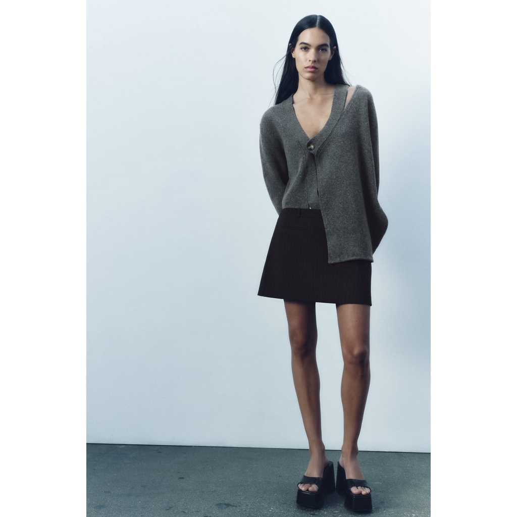 Zara Áo Khoác cardigan Dệt Kim Màu Xám Thời Trang Mùa Thu3859103