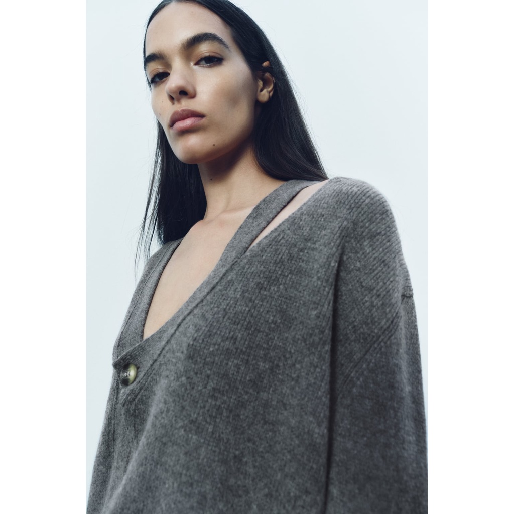 Zara Áo Khoác cardigan Dệt Kim Màu Xám Thời Trang Mùa Thu3859103