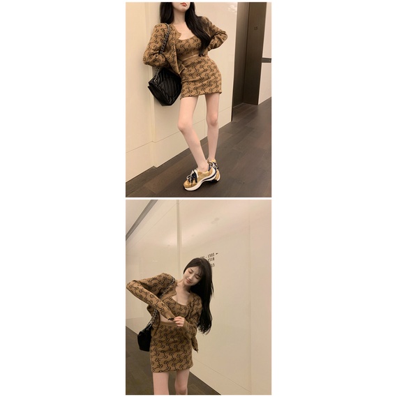 Set Áo Len Không Tay In Họa Tiết Và Chân Váy Lưng Cao Thời Trang Dành Cho Nữ