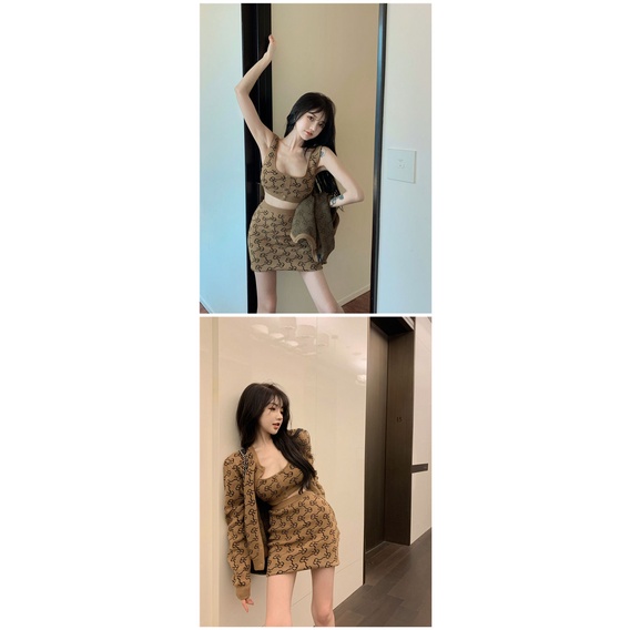 Set Áo Len Không Tay In Họa Tiết Và Chân Váy Lưng Cao Thời Trang Dành Cho Nữ