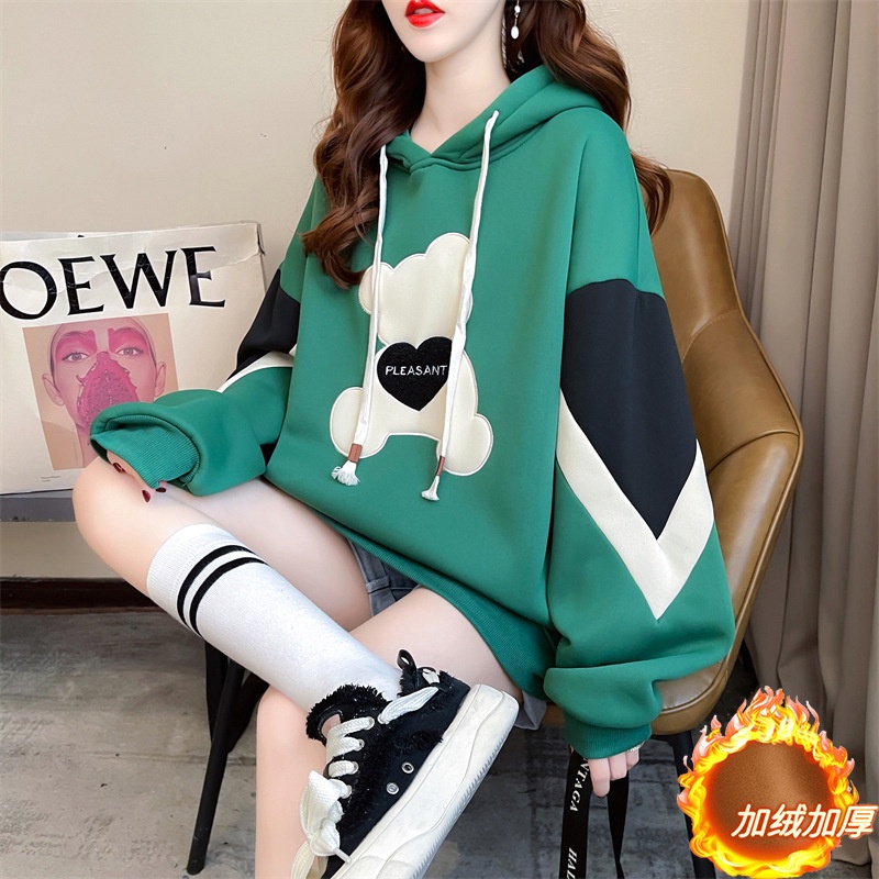 Áo hoodie có mũ trùm đầu hình gấu dành cho nữ mùa thu đông dày dặn ấm áp
