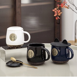 Ly uống cà phê cỡ lớn bằng gốm có nắp và muỗng in hình starbucks