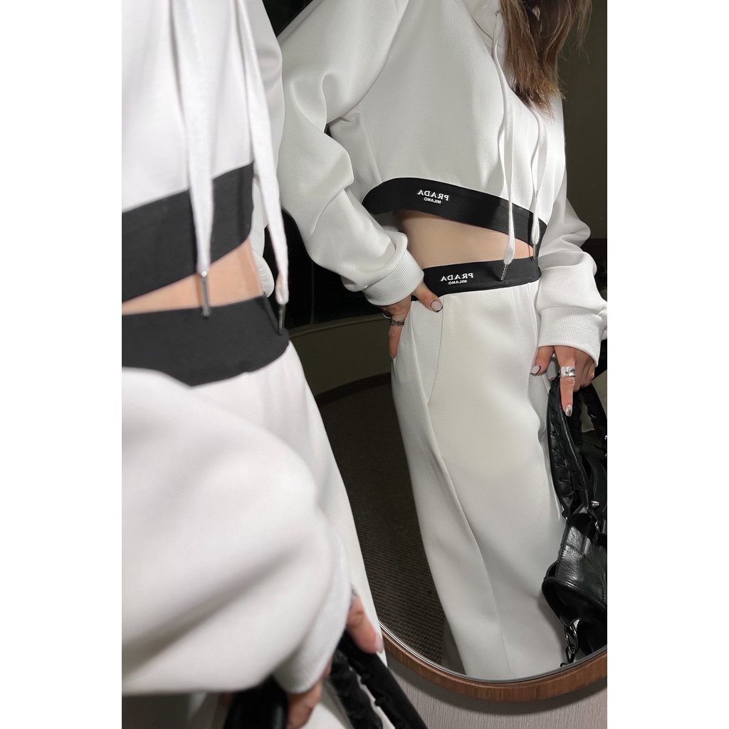 LUCU PRADA 23 autumn and winter New capsule personalized positioning logo ribbon air cotton suit hooded short top trousers