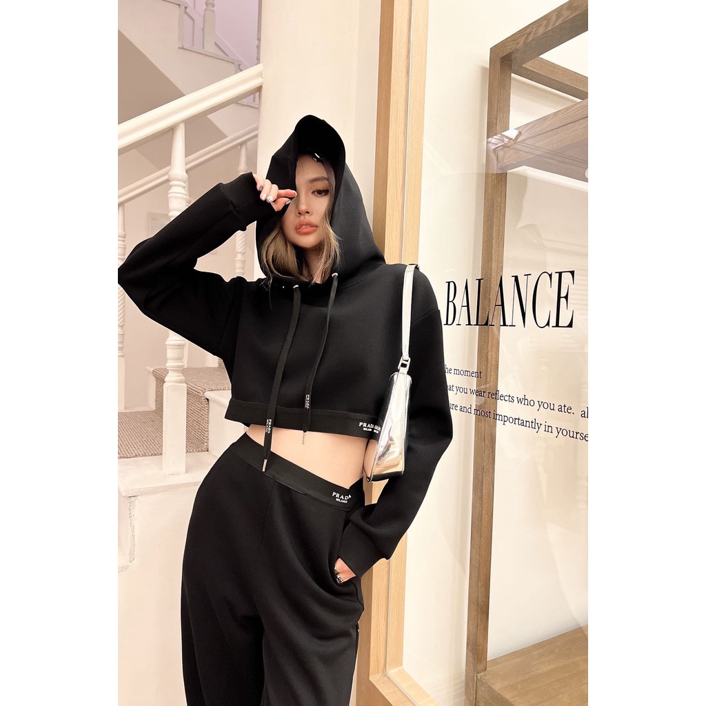 LUCU PRADA 23 autumn and winter New capsule personalized positioning logo ribbon air cotton suit hooded short top trousers