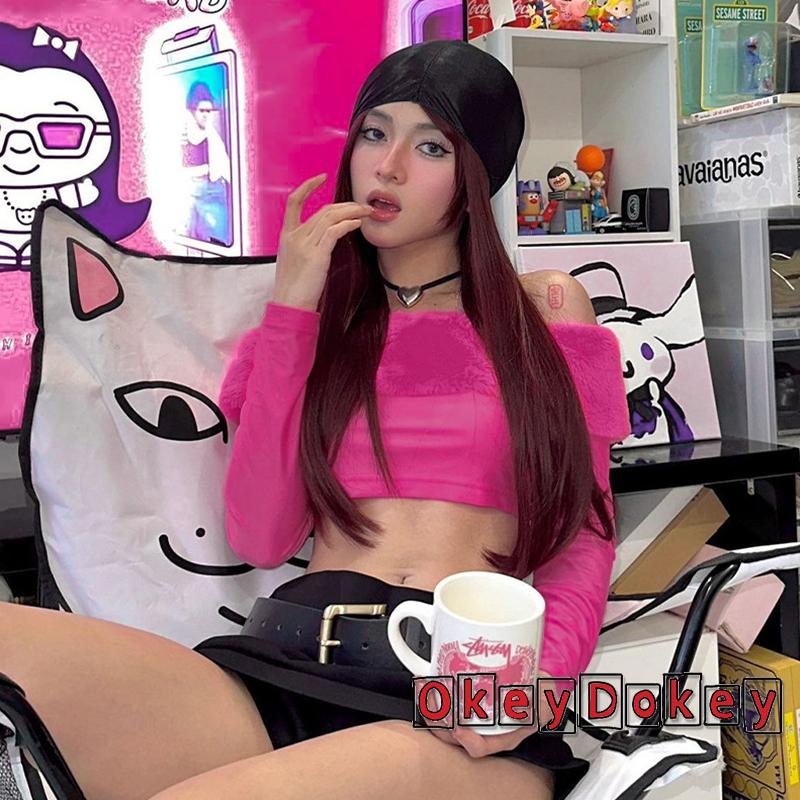 Okdk-barbie Áo Croptop Tay Dài Trễ Vai Màu Hồng Trơn