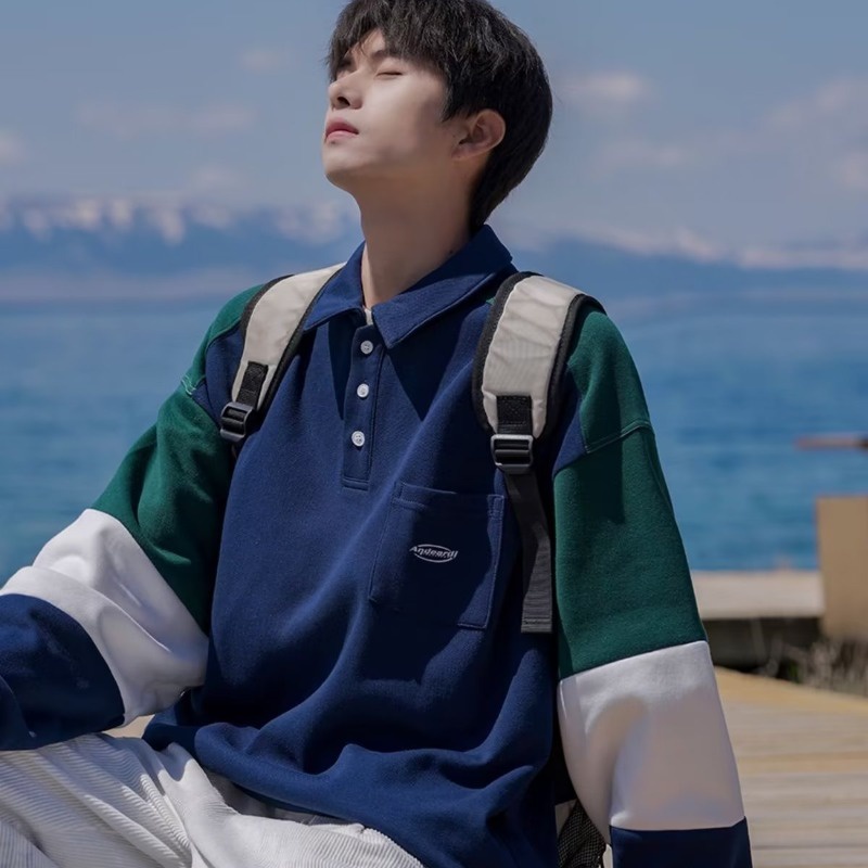 Áo polo Tay Dài Phong Cách harajuku Nhật Bản Đơn Giản Cho Nam Nữ