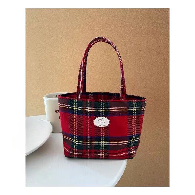 Túi Xách Vải Siêu Nhẹ Họa Tiết Caro Đỏ Phong Cách Hàn Quốc