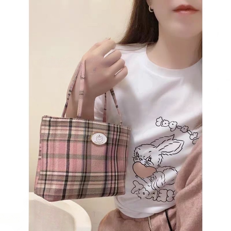 Túi Xách Vải Siêu Nhẹ Họa Tiết Caro Đỏ Phong Cách Hàn Quốc