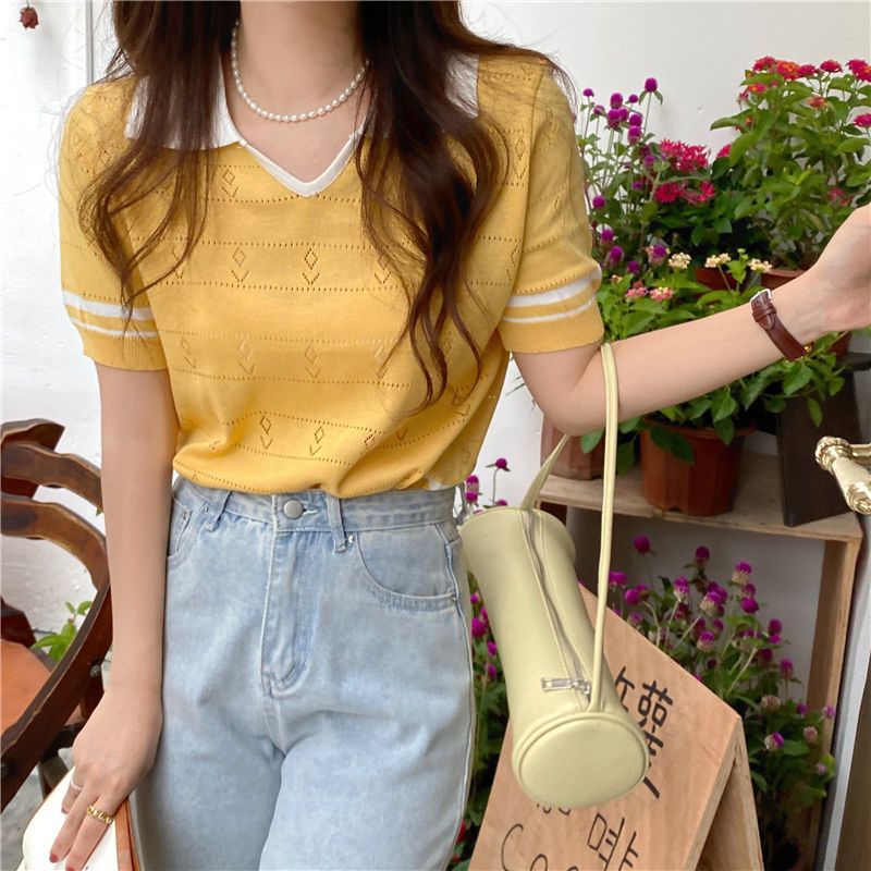 Áo Thun polo Dệt Kim Ôm Dáng Màu Sắc Tương Phản Thời Trang Mùa Hè Dễ Phối Đồ Cho Nữ