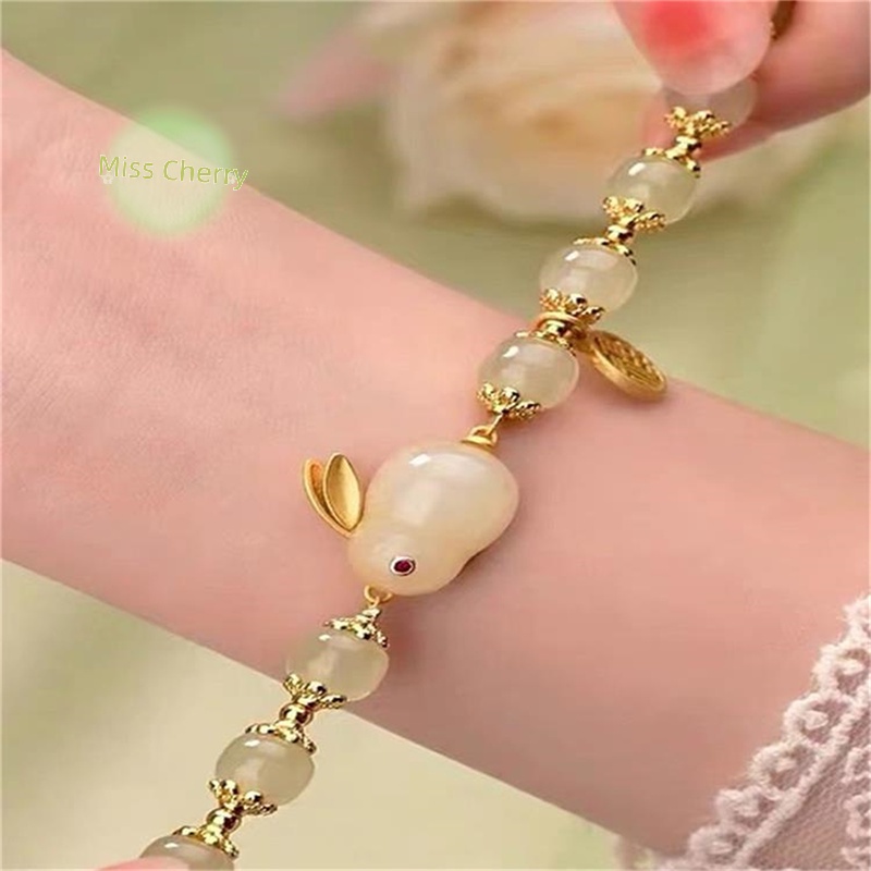 Vòng Tay Xỏ Hạt Đá Tự Nhiên Mặt Thỏ May Mắn Thời Trang Cho Cặp Đôi