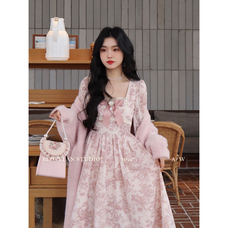 Đầm Xuân Thu Pháp 2023 Eo Cao Tay Dài In Họa Tiết Phong Cách Mới Cho Nữ