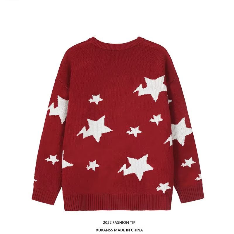 Áo sweater SINRANSINYA dệt kim cổ tròn dáng rộng in hình ngôi sao phong cách đường phố Mỹ cổ điển cho nam