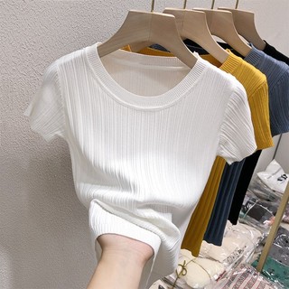 Plus Áo Dệt Kim Ngắn Tay Cổ Tròn Dáng Ôm Thời Trang Mùa Hè Cho Nữ