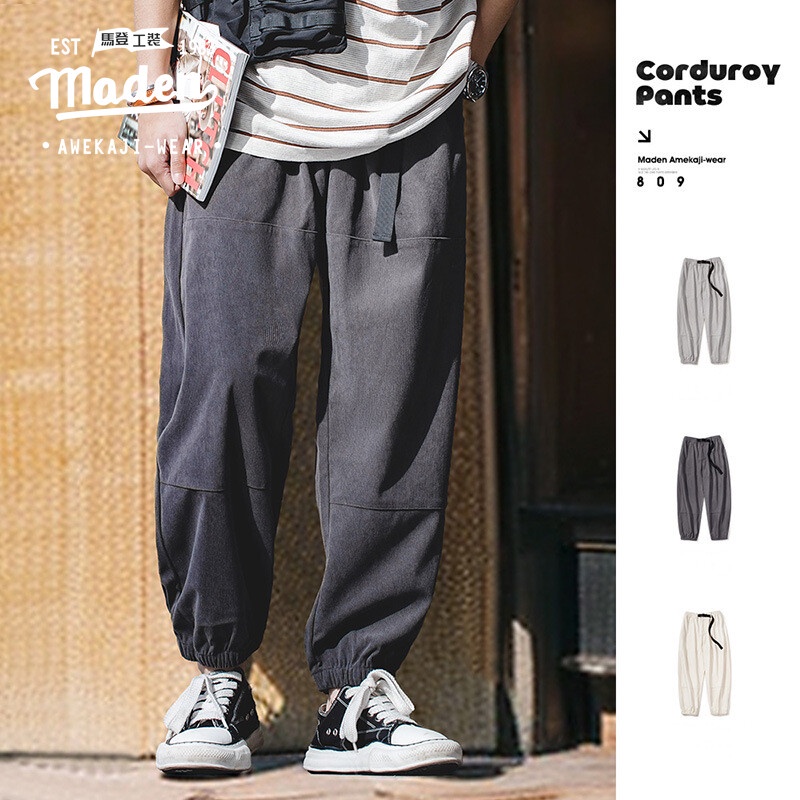 Maden Quần Legging Nhung Kẻ Dáng Rộng Phong Cách Đường Phố Mỹ Cho Nam