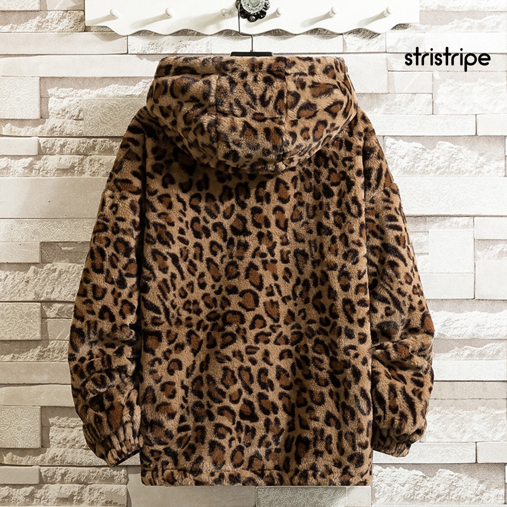 Áo Khoác Nhung Dày Có Mũ Trùm Đầu Hai Mặt Tay Dài In Họa Tiết Da Báo Có Khóa Kéo Thời Trang Mùa Đông Cho Nam