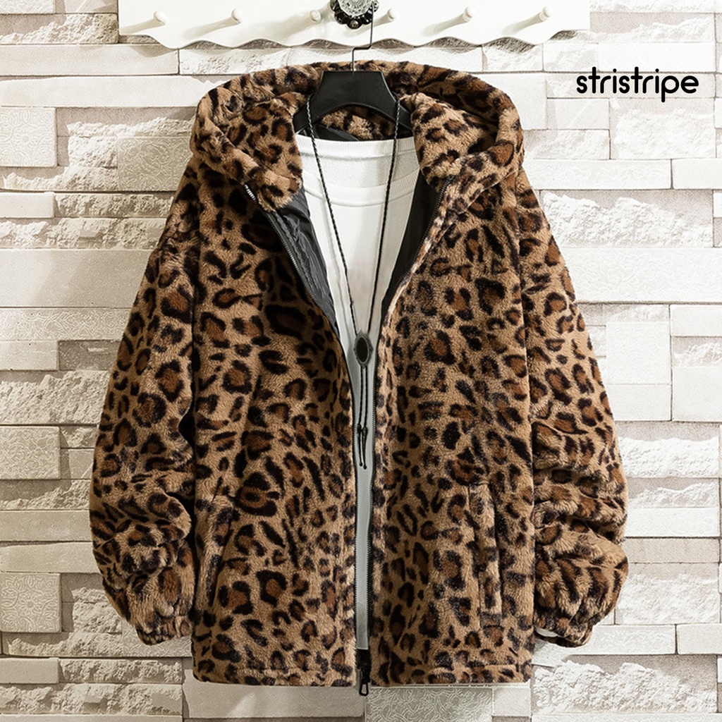 Áo Khoác Nhung Dày Có Mũ Trùm Đầu Hai Mặt Tay Dài In Họa Tiết Da Báo Có Khóa Kéo Thời Trang Mùa Đông Cho Nam