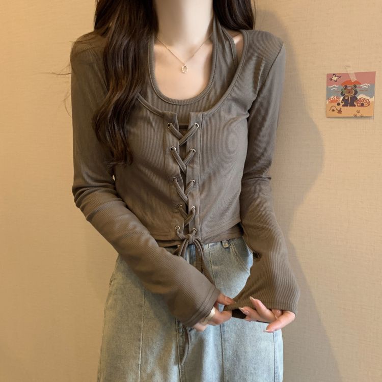 Áo Thun Tay Dài Hai Dây Cổ Yếm Phong Cách Mỹ Thời Trang Xuân Thu Mới Dành Cho Bạn Nữ Mặc Ngoài Trời