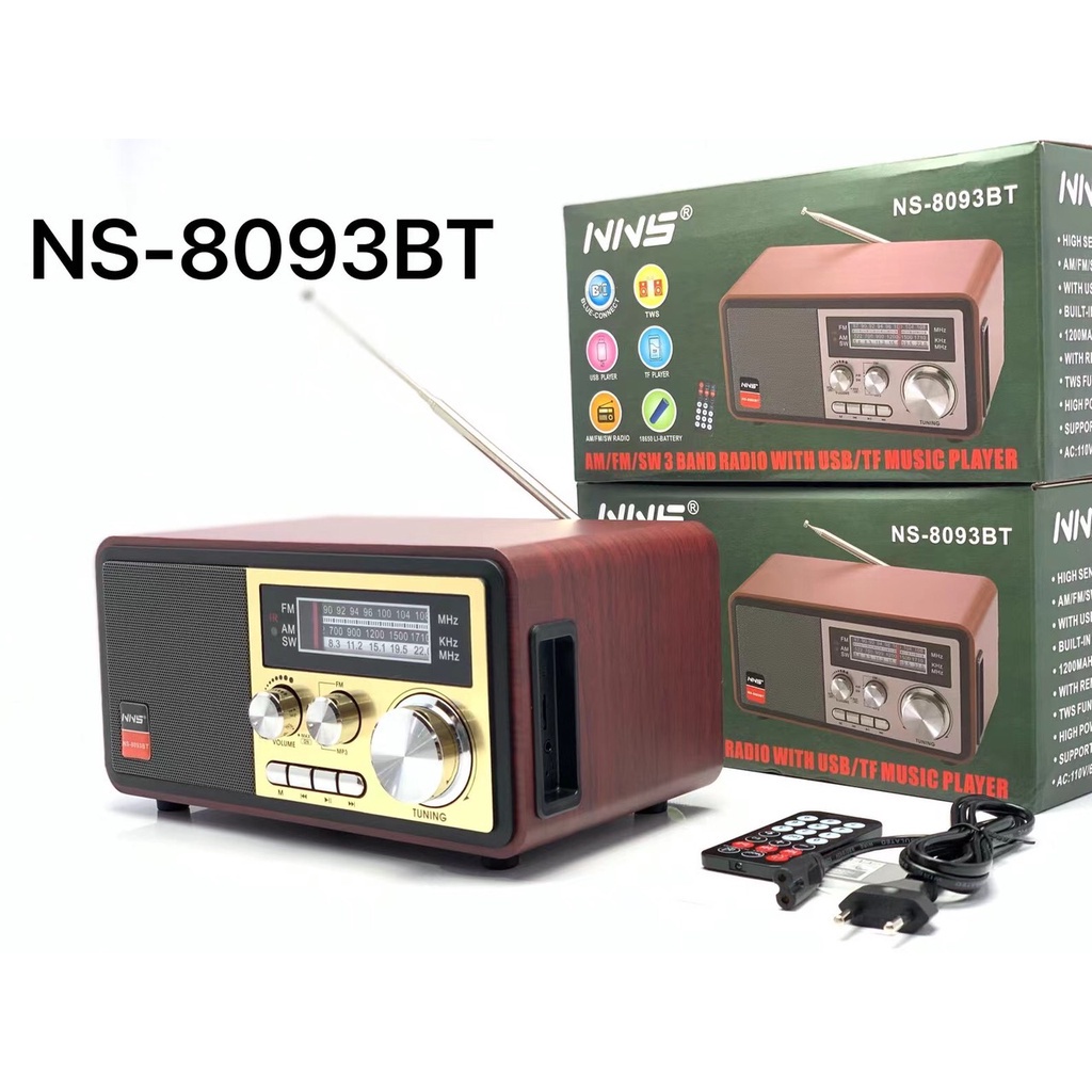 Đài FM Radio NNS NS-8093BT Bluetooth Chính Hãng NNS, Bắt Sóng FM/AM/USB/TF, Cổng Thẻ Nhớ - Loa Dùng Điện 220V Và Pin Sạc