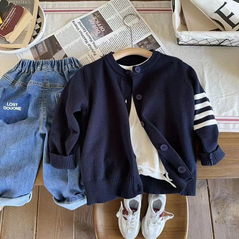 Áo Khoác cardigan Dệt Kim Một Hàng Nút Cổ Tròn Thời Trang Xuân Thu Hàng Mới Dành Cho Bé Trai Bé Gái
