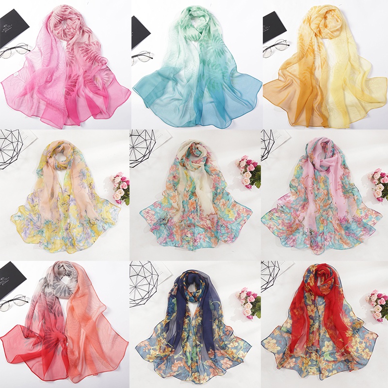 1 Khăn Choàng chiffon Mềm In Họa Tiết Hoa Lá Màu gradient 160 * 50cm