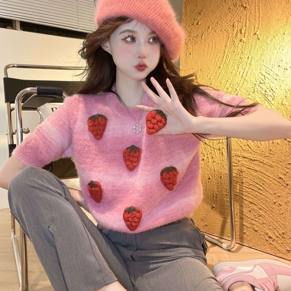 Áo sweater Dệt Kim Họa Tiết Dâu Tây Ba Chiều Ngọt Ngào Cao Cấp Thời Trang Xuân Thu Cho Phụ Nữ Trung Niên g