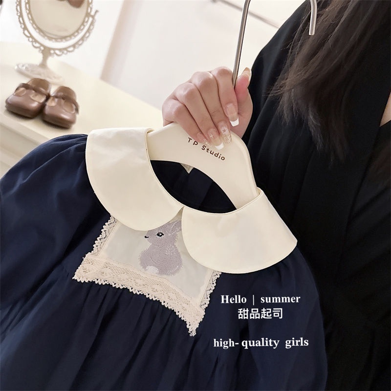 Đầm Công Chúa Tay Dài Cổ Búp Bê Thêu Hình Thỏ Màu Xanh navy Thời Trang Mùa Thu 2023 Dành Cho Bé Gái