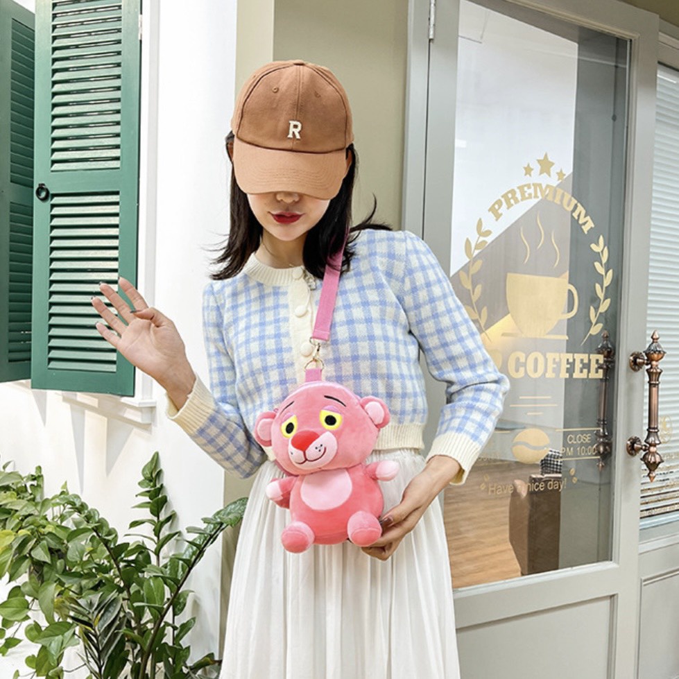 Túi Đeo Chéo Gấu Nhồi Bông Hình Con Báo Hồng Dễ Thương