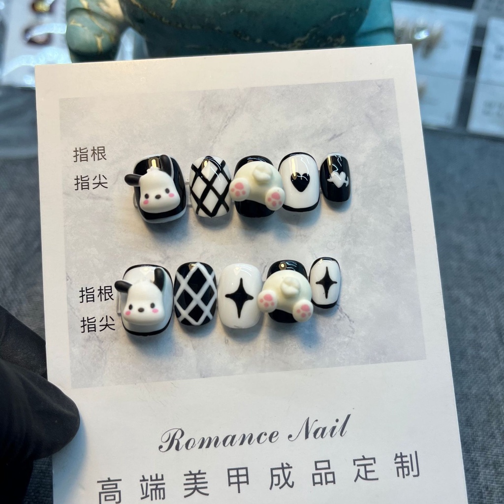 Móng Tay Giả Hình Chó pochacco Kẻ Sọc Caro Trắng Đen Có Thể Tái Sử Dụng Và Tháo Rời