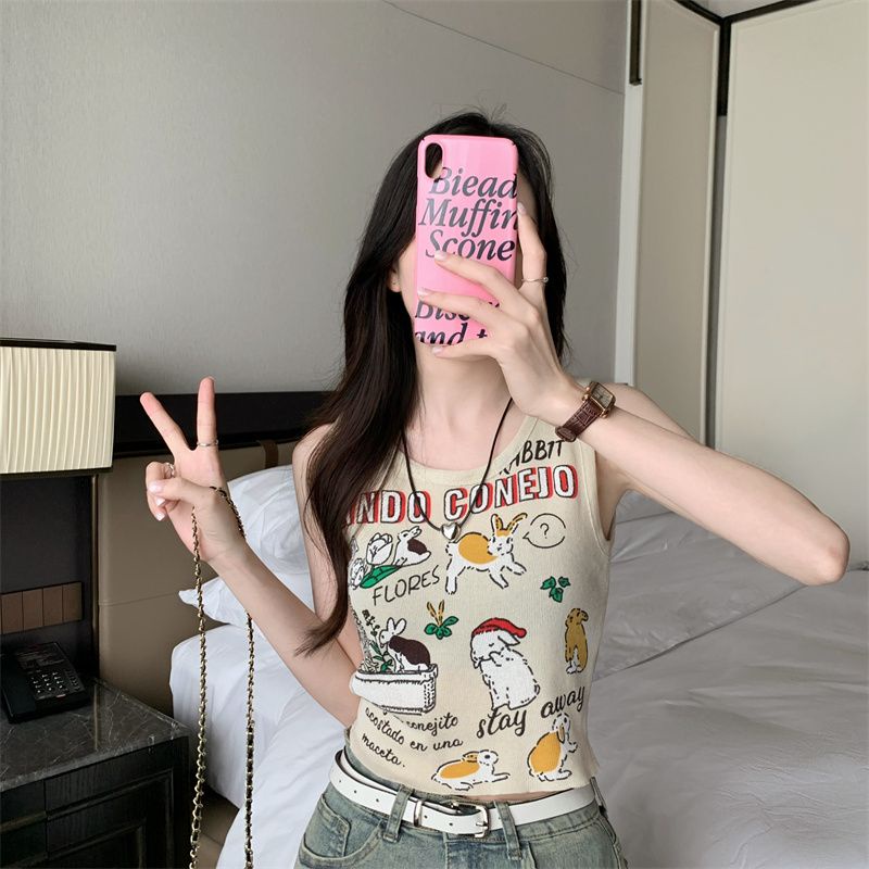 Áo Dệt Kim Hai Dây Dáng Ngắn In Họa Tiết Thời Trang Mùa Hè Cho Nữ