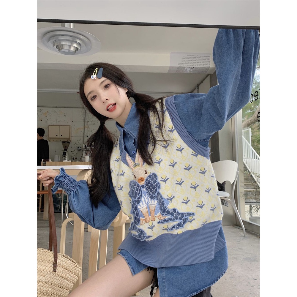 Hoạt Hình Áo Dệt Kim Sát Nách Cổ Chữ v In Hình Thỏ Dễ Thương Cho Nữ