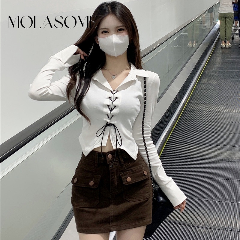 Polaroisome Áo Thun crop Top Tay Dài Màu Trơn Thời Trang 2023 Quyến Rũ Cho Nữ