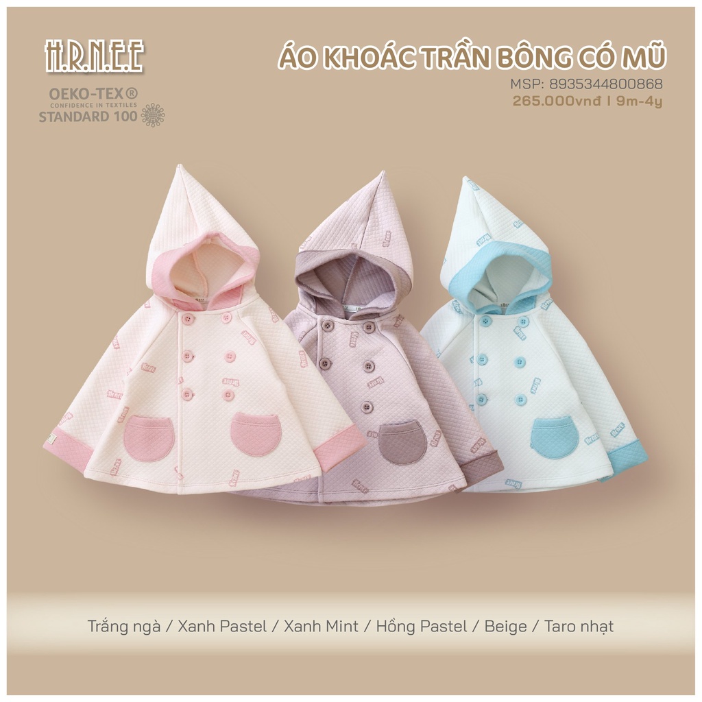 H.R.N.E.E - Áo khoác trần bông có mũ cho bé trai , bé gái