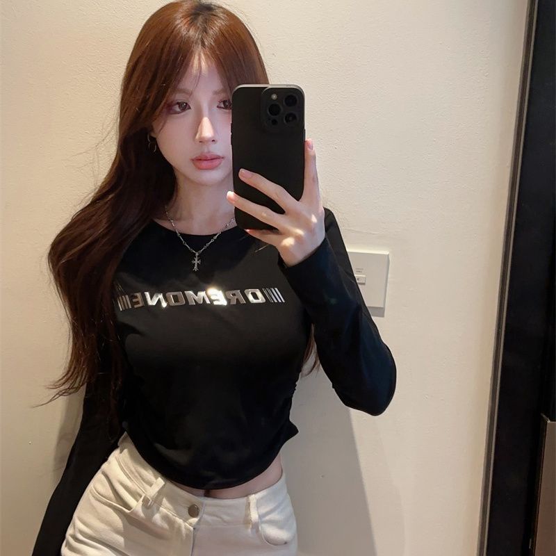 Áo Thun cotton Tay Dài Màu Đen Phong Cách retro Mỹ Cho Nữ