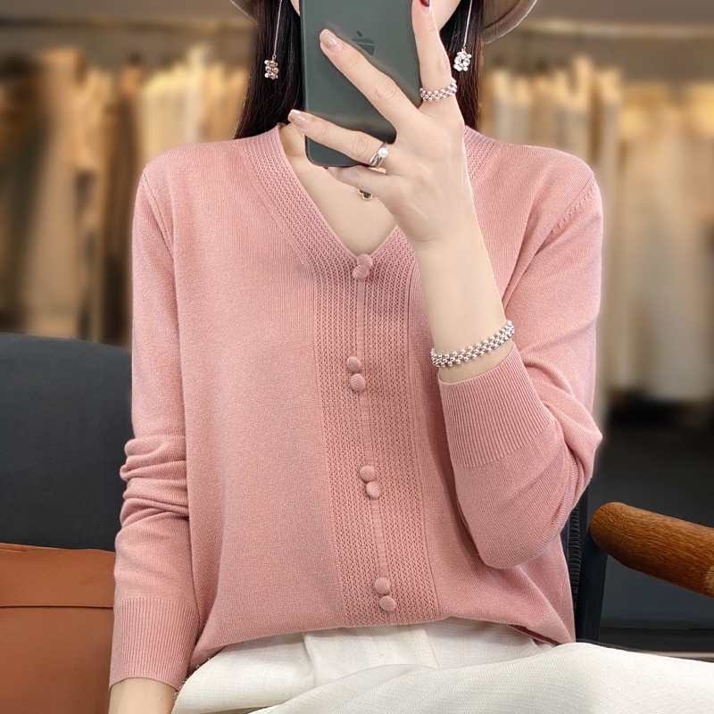Áo sweater Dệt Kim Chui Đầu Cổ Chữ v Tay Dài Cài Nút Màu Trơn Phối Chi Tiết Pompom Cho Nữ