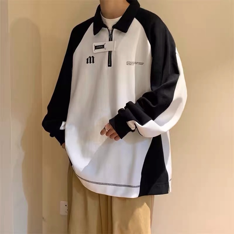 Áo nỉ sweater polo cho nam và nữ , phối màu đen trắng thêu chữ M kiểu dáng unisex 2023 EA096 Meme