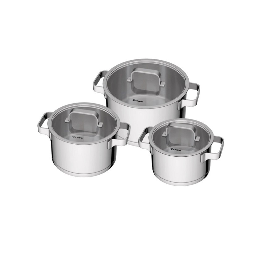 Bộ 3 nồi inox 3 đáy Rapido cao cấp RK182024 kích thước 18cm, 20cm, 24cm