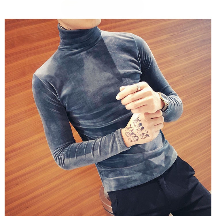 Áo Thun Tay Dài Cổ Lọ Vải Nhung Mỏng Màu Sắc Trơn Phong Cách Hồng Kông Cá Tính Cho Nam