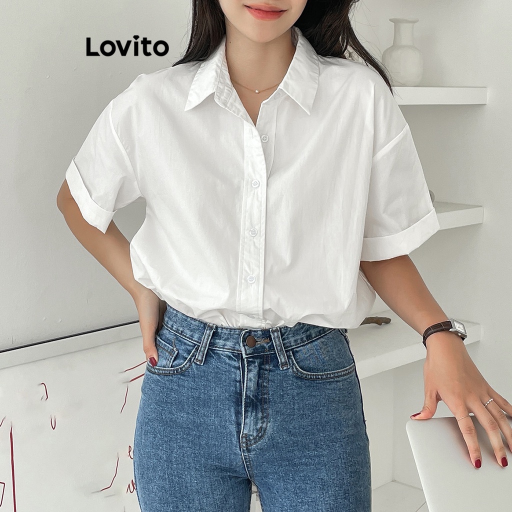 Áo kiểu Lovito cơ bản đa năng cài nút phía trước màu trơn thường ngày cho nữ L61AD020