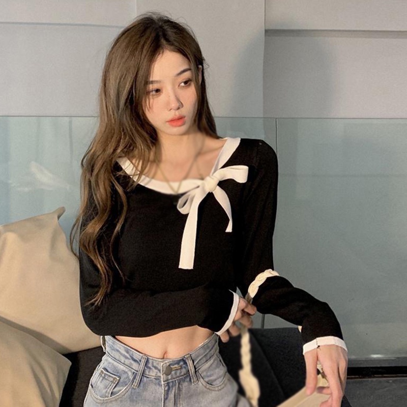 Áo Thun croptop Dệt Kim Tay Dài Cổ Tròn Thắt Nơ Màu Tương Phản Phong Cách Hàn Quốc Thời Trang Cho Nữ