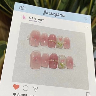 [Handmade] Móng tay nhân tạo hình thang quan tài Spring Blush Ngọc trai nữ tính Tulip Phong cách nhẹ nhàng và dễ thương Móng tay trị liệu bằng ánh sáng Móng tay giả có thể tái sử dụng và có thể tháo rời