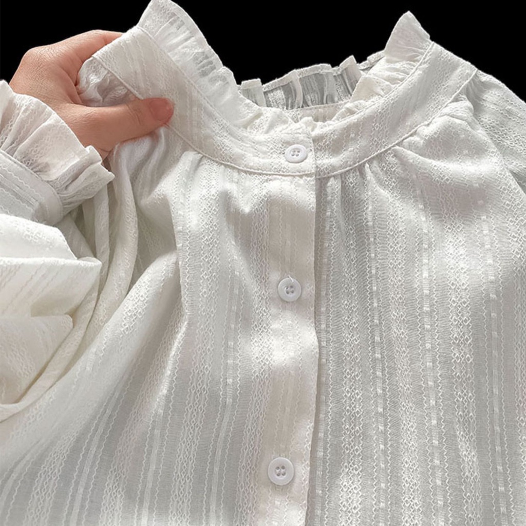 Áo Sơ Mi Trắng Cổ Đứng Dáng Rộng Phong Cách Nhật Bản Thời Trang Thu Đông