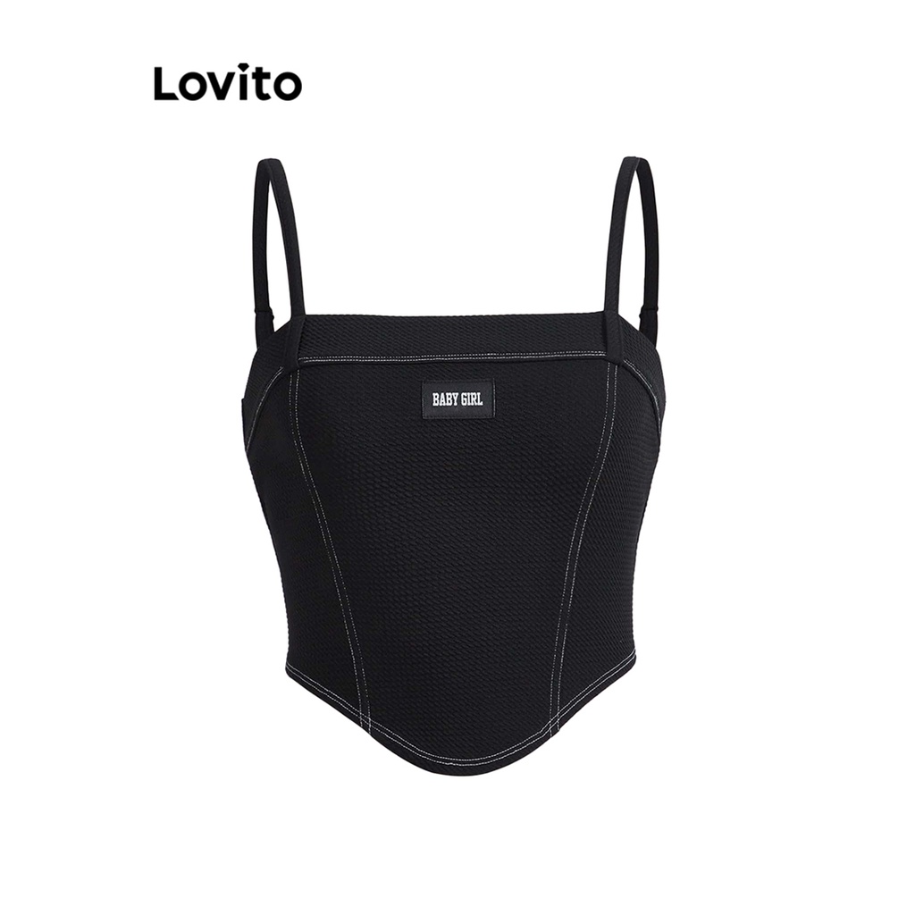Áo ba lỗ Lovito màu trơn phối huy hiệu đường viền không đều phong cách thường ngày cho nữ L58AD001 (Đen)