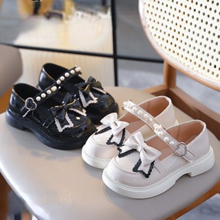 Giày Búp Bê Da Bóng Mũi Tròn Đính Nơ Đính Ngọc Trai Phong Cách lolita Dành Cho Bé Gái size 26-37