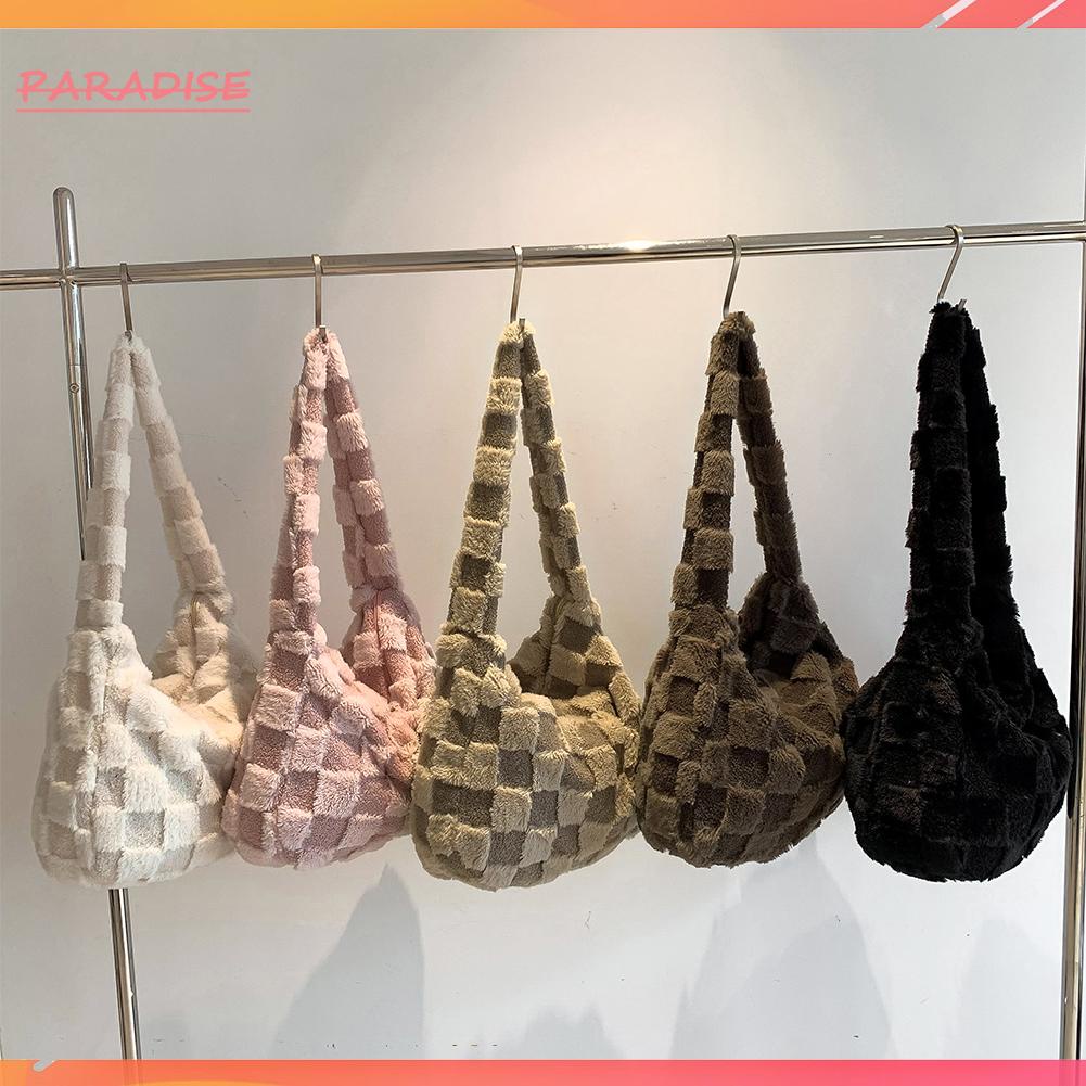 Túi Đeo Chéo Phủ Lông Mềm Mại Họa Tiết Caro Thời Trang Thu Đông Cho Nữ