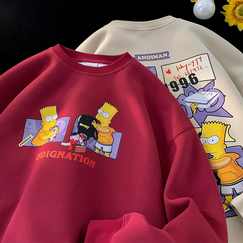 Áo sweater Nhung Dày Cổ Tròn In Hình simpson Hoạt Hình Phong Cách hip hop Mỹ Cho Nam Nữ