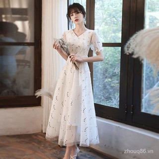 Mới đầm dự tiệc màu trắng đính kim sa lấp lánh thời trang 2023
