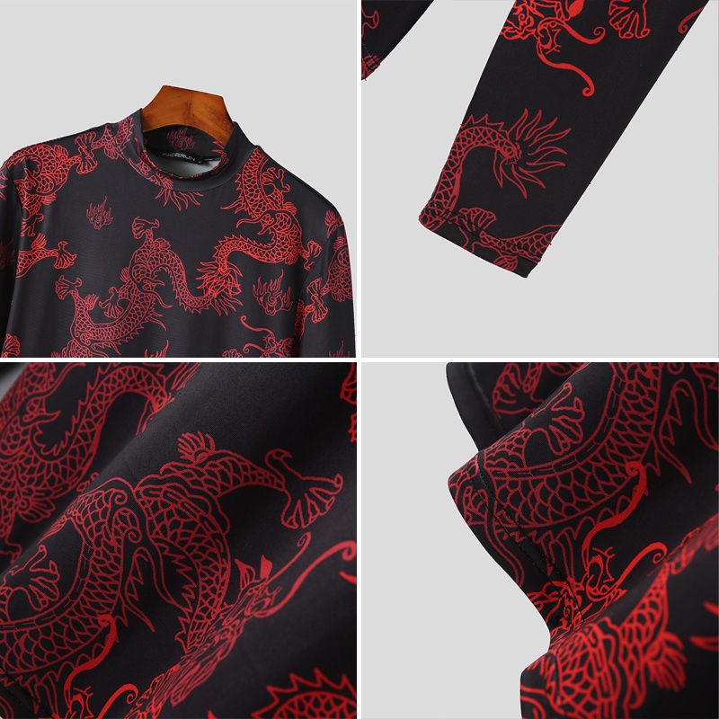 INCERUN Áo Thun Tay Dài In Hình Rồng Cá Tính Phong Cách retro Hợp Thời Trang Cho Nam