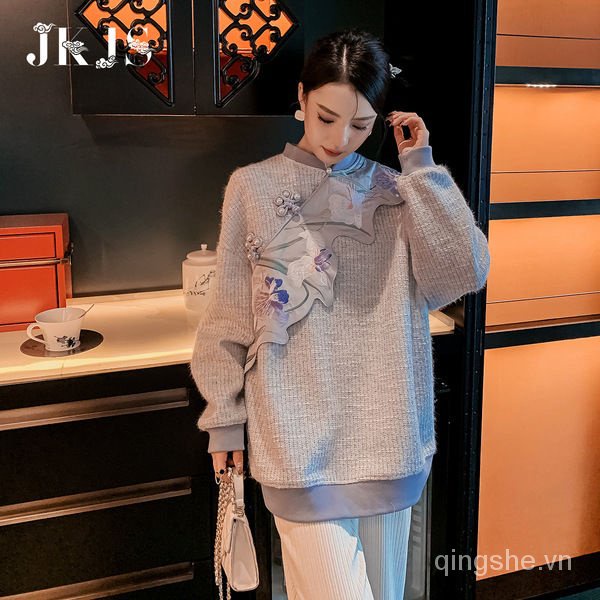 Áo Sweater Sườn Xám Cách Tân Thêu Họa Tiết Phong Cách Trung Hoa Thời Trang Thu Đông Mới Cho Nữ